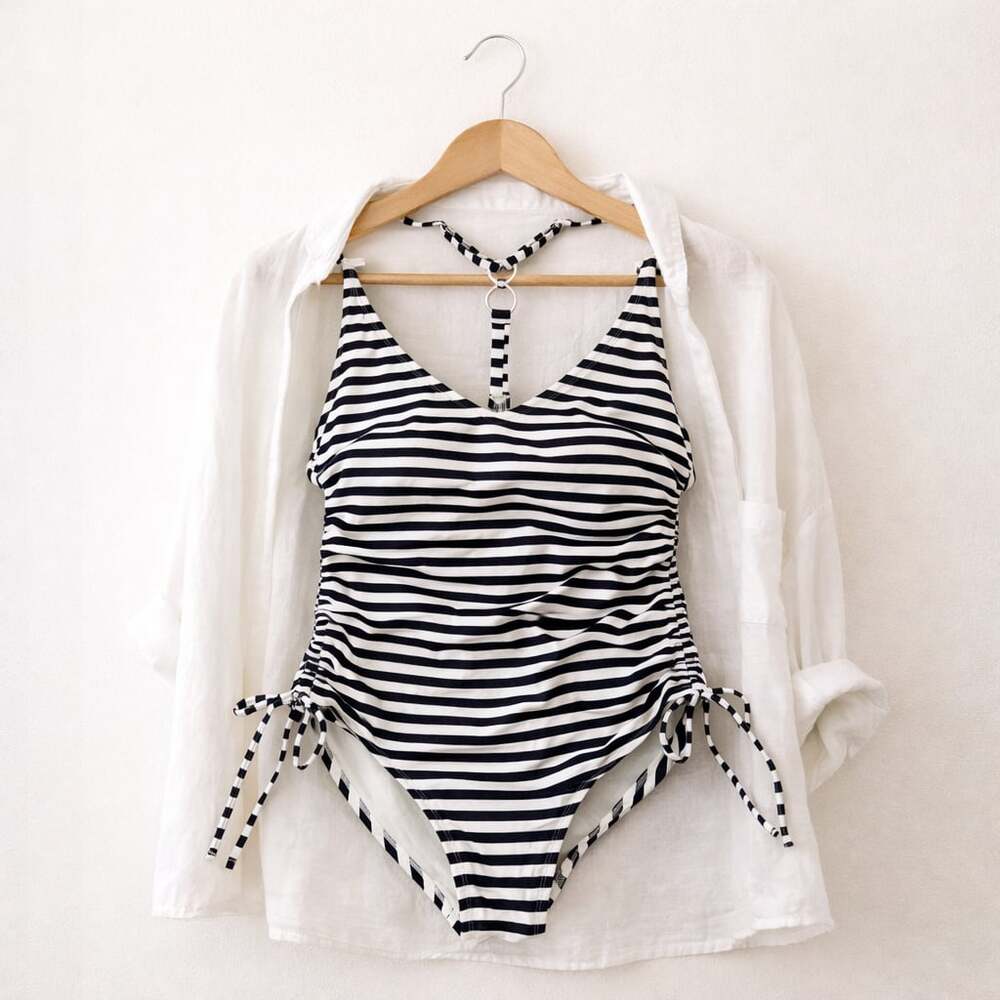 Palisades Beach Club One Piece Swimsuit Ruched Striped Navy White L